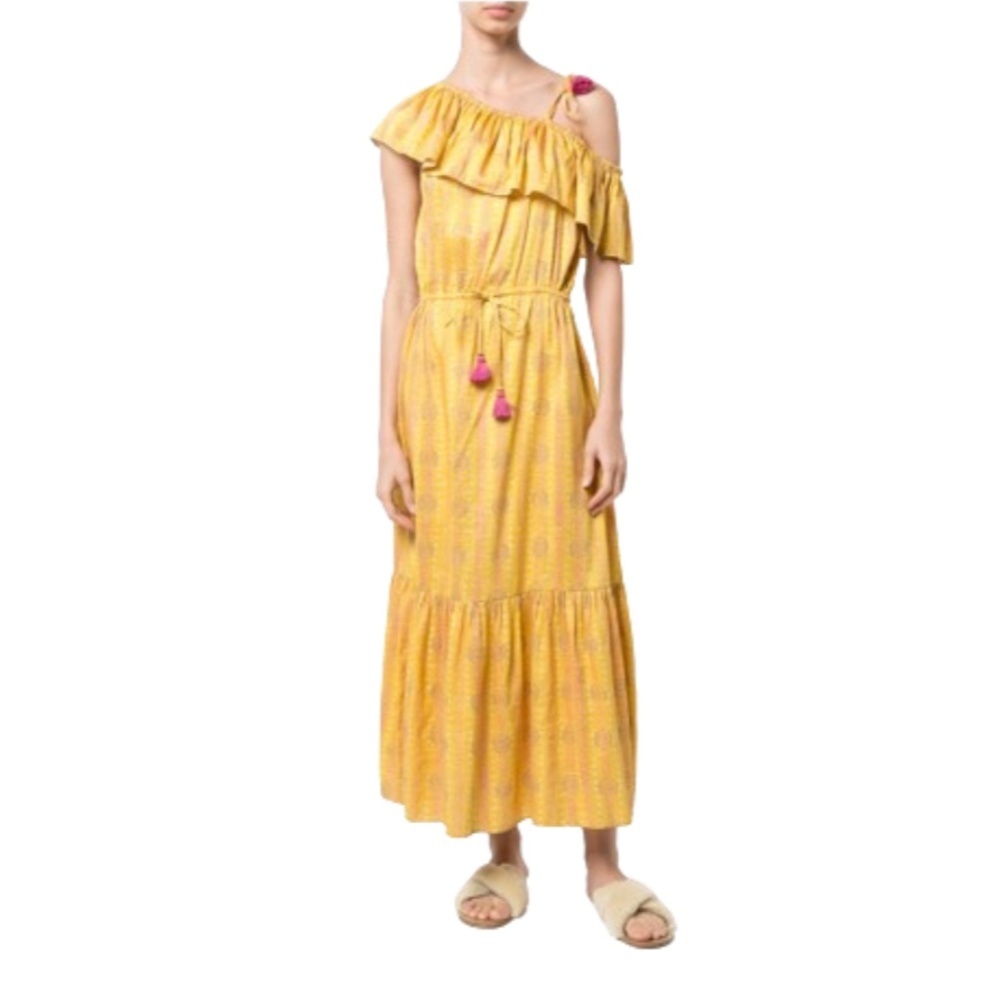 Figue Miguelina Mandala Print Maxi Dress Womens XS Yellow Ruffle Pink Tassels